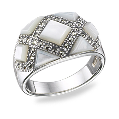 Hand Cut Square & Triangle Stone & Marcasite Band Ring