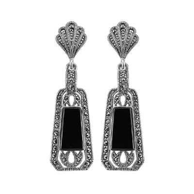 Large Trapezoid Agate & Vintage Marcasite Halo Earring