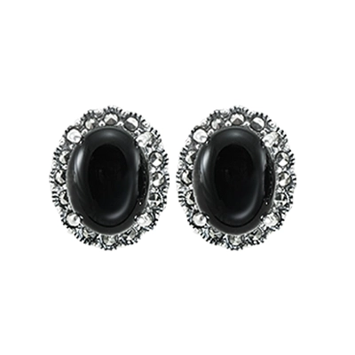 Round Onyx & Halo Marcasite Earring
