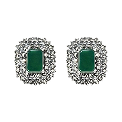 Octagon Agate & Halo Marcasite Stud Earring