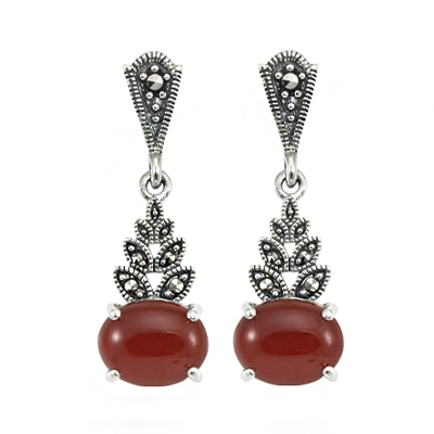 Oval Onyx & Marcasite Tiered Leaf Drop Earring