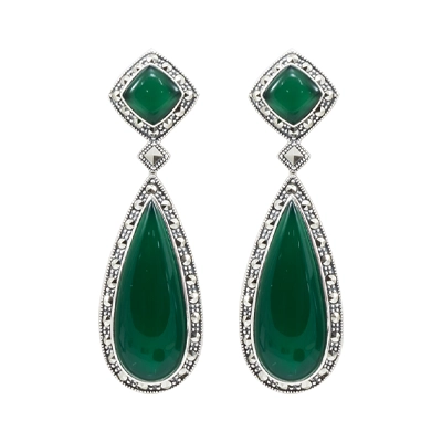 Eexquisite Elongated Pear & Square Agate Halo Marcasite Earring