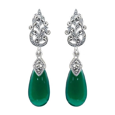 Vintage Pear Shaped Agate & Marcasite Scrollwork Dangle Earring