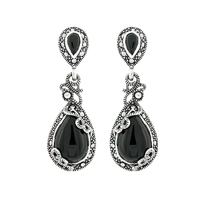 Oval Onyx with Marcasite Halo and Scrollwork Overlay Earring