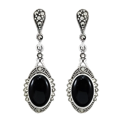 Oval Onyx with Princess Halo Marcasite Earring