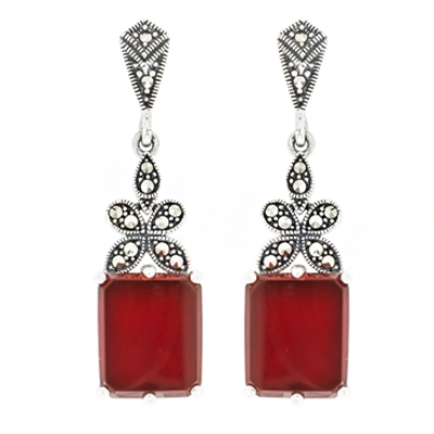 Rectangle Agate & Floral Marquise Accent Marcasite Earring