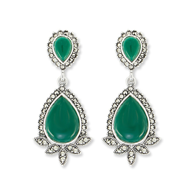 Double Pear Agate Halo Marcasite Drop Earring