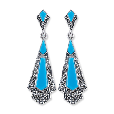 Art Deco Marcasite Dangle Earring with Pentagon & Kite Shaped Agate