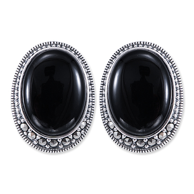 Oval Onyx & Marcasite Tapered Halo Earring