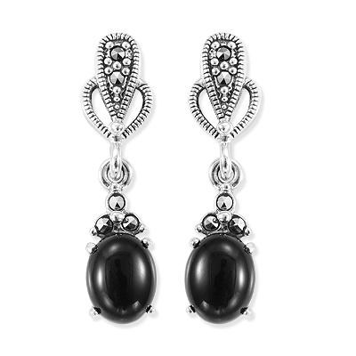 Solitaire Oval Shaped Onyx Sterling Silver Drop Earring