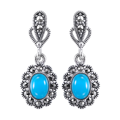 Round Shaped Turquoise & Marcasite Cluster Drop Earring