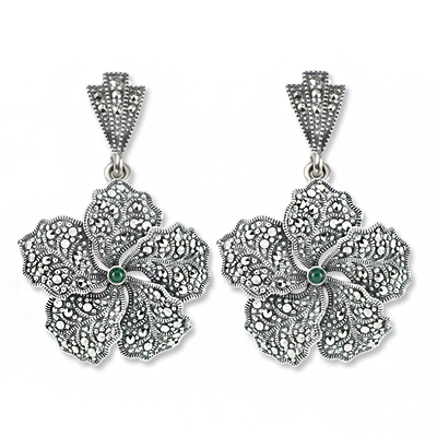 Modern Estate Marcasite Flower Drop Earring with Agate (Big)