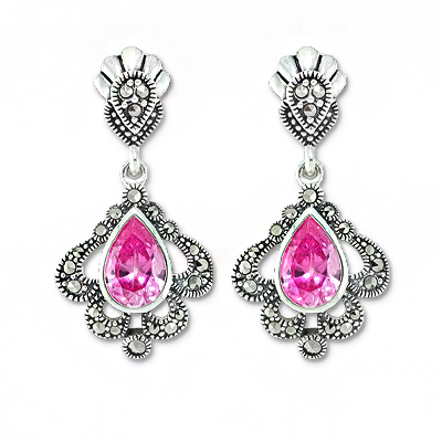 Pear Shaped CZ & Vintage Scrolling Marcasite Earring