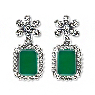 Rectangle Agate Halo & Flower Motif Marcasite Earring