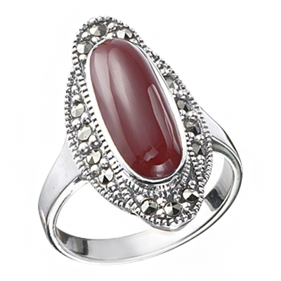 Elongated Oval Agate Halo Cluster Marcasite Ring