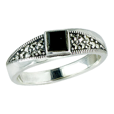 Dainty Square Onyx & Marcasite Pave Ring