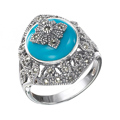 Hexagon Marcasite Ring with Large Round Turquoise