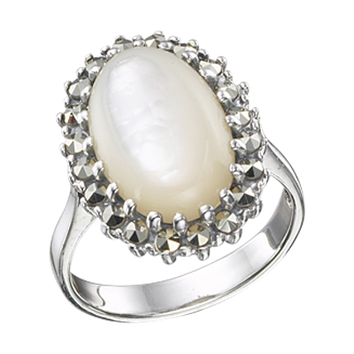 Oval Mother of Pearl & Marcasite Halo Silver Ring