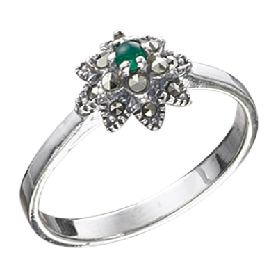 Flower Marcasite Motif Silver Ring with Round Agate