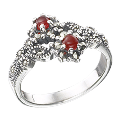 Marcasite Double Flower & Leaf Silver Ring