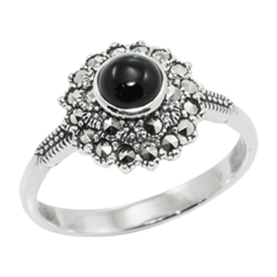 Round Onyx & Double Halo Marcasite Ring