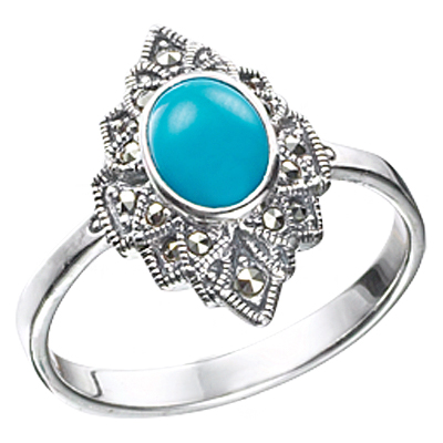 Oval Turquoise & Marcasite Diamond-Shaped Accent Ring