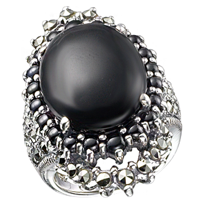 Statement Oval Onyx & Double Onyx & Marcasite Halo Ring