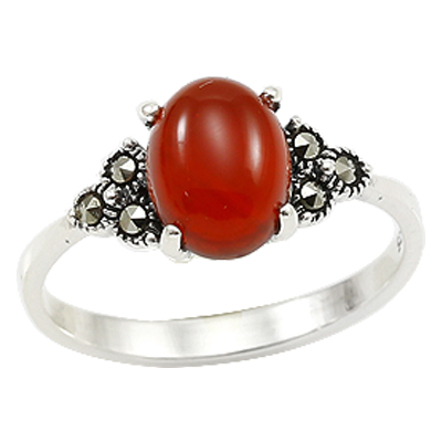 Oval Agate and 6-Marcasite Side Stone Dainty Ring