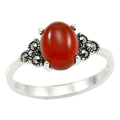 Oval Agate and 6-Marcasite Side Stone Dainty Ring