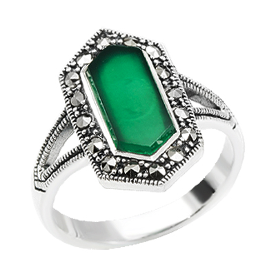 Long Hexagon Green Agate Halo Marcasite Ring