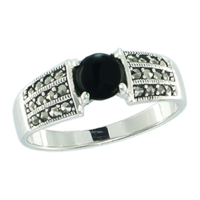 Round Onyx and 3-Row Marcasite Cluster Ring