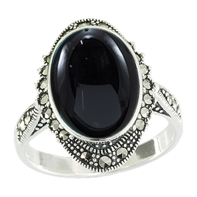 Oval Onyx with Fancy Halo Marcasite Ring