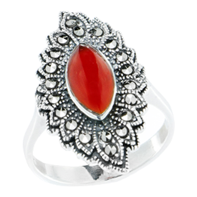 Marquise Red Agate with Multi-Petal Cluster Ring