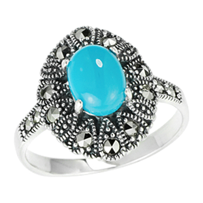 Oval Turquoise & Marquise-Shape Cluster Marcasite Ring