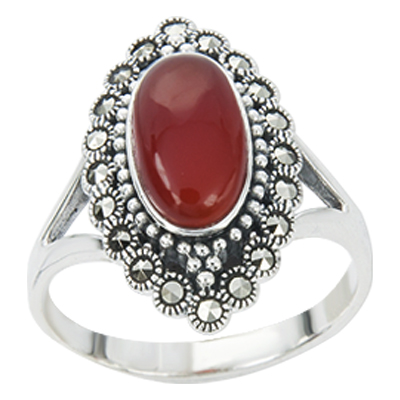 Oval Agate with Milgrain & Marcasite Halo Ring