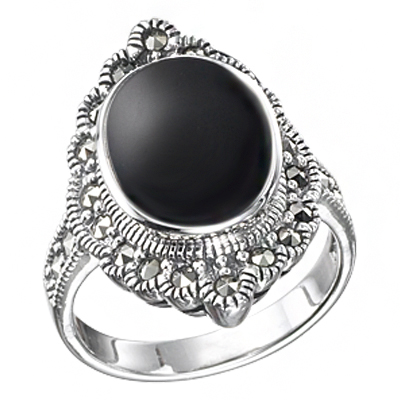 Oval Onyx & Marcasite Cluster Silver Ring