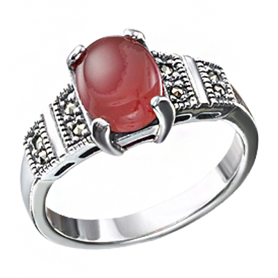 Oval Agate & Double Row Marcasite Accent Ring