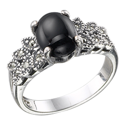 Oval Onyx & Marcasite Marquise Cluster Ring