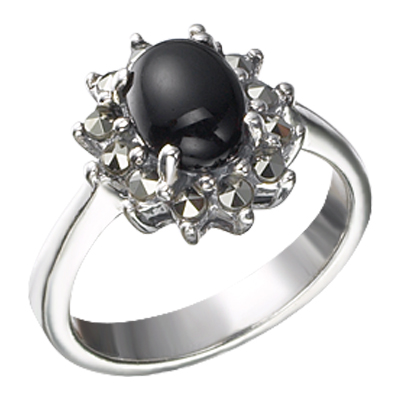 Oval Onyx Prong Halo Marcasite Ring