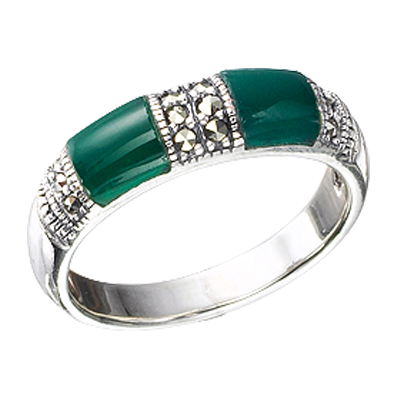 Two Agate Baguette Marcasite Band Ring