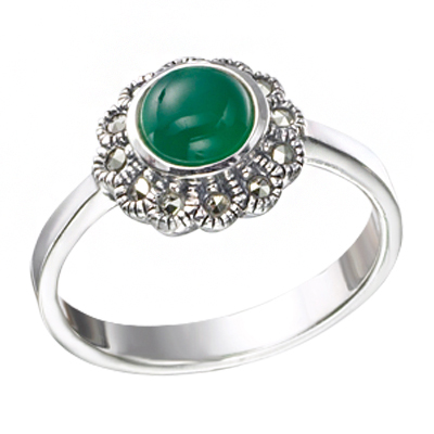 Round Green Agate Marcasite Halo Ring