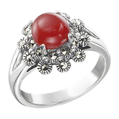 Round Agate Double Halo Cluster Marcasite Ring