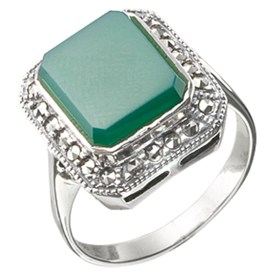 Green Rectangle Halo Marcasite 925 Silver Ring