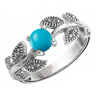 Leaf Branch Marcasite Ring with Round Turquoise