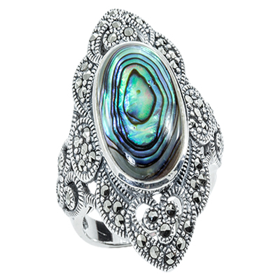 Elongated Oval Abalone & Vintage Marcasite Accent Cluster Ring