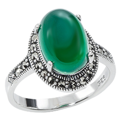 Oval Green Agate & Marcasite Halo Dainty Ring