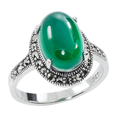 Oval Green Agate & Marcasite Halo Dainty Ring