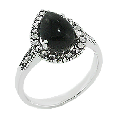 Pear Onyx & Marcasite Halo Dainty Ring