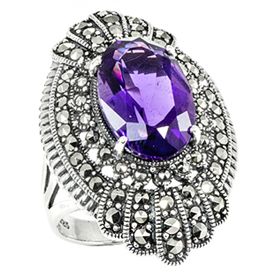 Oval Amethyst & Vintage Marcasite Accent Ring