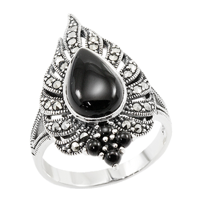 Oval Onyx & 4-Stone Vintage Marcasite Wing Accent Ring